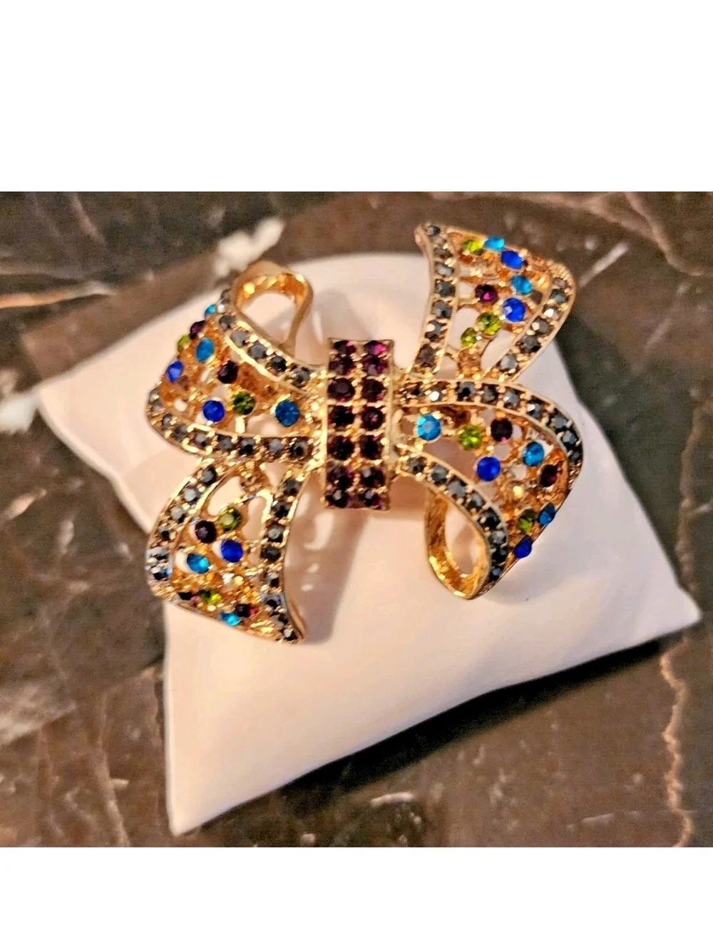 Bow Vintage Brooch  Gold Tone with Multicolor Rhinestones - Picture 3 of 10
